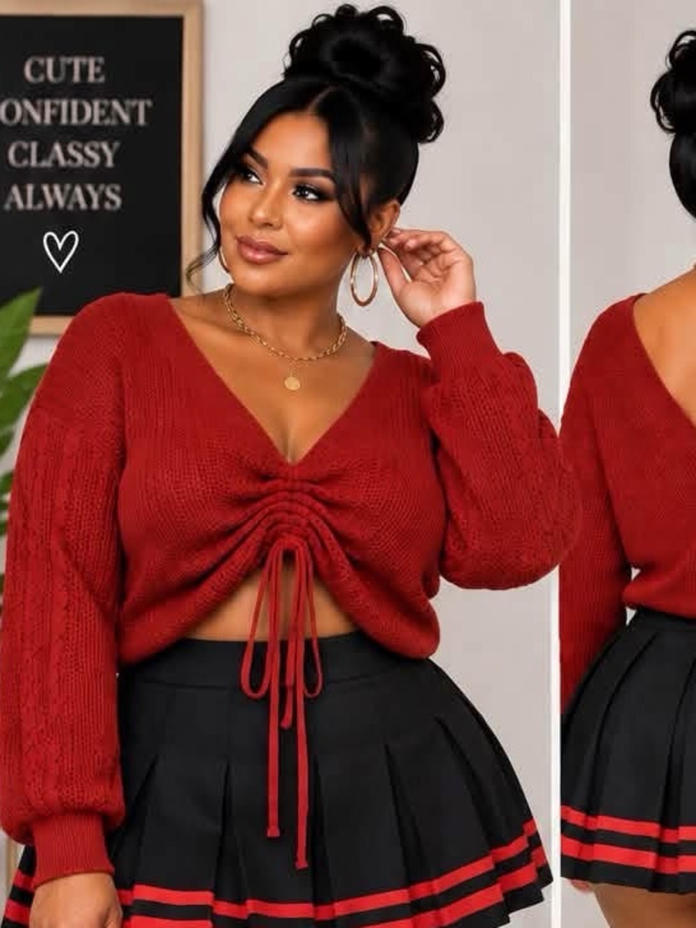 Women's Red Ruched V-Neck Crop Sweater